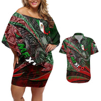 Mexico Aztec Eagle Flag Couples Matching Off Shoulder Short Dress and Hawaiian Shirt Tribal Warrior Art