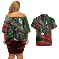 Mexico Aztec Eagle Flag Couples Matching Off Shoulder Short Dress and Hawaiian Shirt Tribal Warrior Art