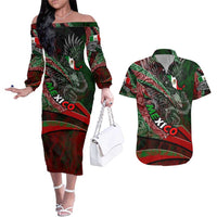 Mexico Aztec Eagle Flag Couples Matching Off The Shoulder Long Sleeve Dress and Hawaiian Shirt Tribal Warrior Art