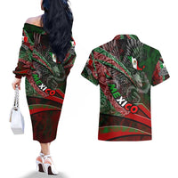 Mexico Aztec Eagle Flag Couples Matching Off The Shoulder Long Sleeve Dress and Hawaiian Shirt Tribal Warrior Art