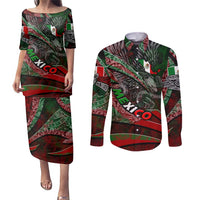 Mexico Aztec Eagle Flag Couples Matching Puletasi and Long Sleeve Button Shirt Tribal Warrior Art