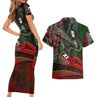 Mexico Aztec Eagle Flag Couples Matching Short Sleeve Bodycon Dress and Hawaiian Shirt Tribal Warrior Art