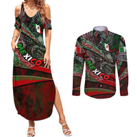 Mexico Aztec Eagle Flag Couples Matching Summer Maxi Dress and Long Sleeve Button Shirt Tribal Warrior Art