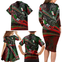 Mexico Aztec Eagle Flag Family Matching Long Sleeve Bodycon Dress and Hawaiian Shirt Tribal Warrior Art