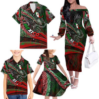 Mexico Aztec Eagle Flag Family Matching Off The Shoulder Long Sleeve Dress and Hawaiian Shirt Tribal Warrior Art