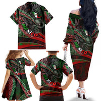 Mexico Aztec Eagle Flag Family Matching Off The Shoulder Long Sleeve Dress and Hawaiian Shirt Tribal Warrior Art