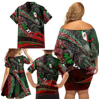 Mexico Aztec Eagle Flag Family Matching Off Shoulder Short Dress and Hawaiian Shirt Tribal Warrior Art