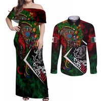 Mexico Quetzalcoatl Aztec Calendar Couples Matching Off Shoulder Maxi Dress and Long Sleeve Button Shirt Tribal Warrior Art with Eagle and Serpent