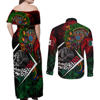 Mexico Quetzalcoatl Aztec Calendar Couples Matching Off Shoulder Maxi Dress and Long Sleeve Button Shirt Tribal Warrior Art with Eagle and Serpent