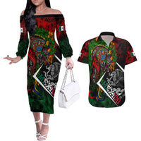 Mexico Quetzalcoatl Aztec Calendar Couples Matching Off The Shoulder Long Sleeve Dress and Hawaiian Shirt Tribal Warrior Art with Eagle and Serpent