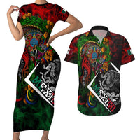 Mexico Quetzalcoatl Aztec Calendar Couples Matching Short Sleeve Bodycon Dress and Hawaiian Shirt Tribal Warrior Art with Eagle and Serpent