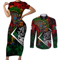 Mexico Quetzalcoatl Aztec Calendar Couples Matching Short Sleeve Bodycon Dress and Long Sleeve Button Shirt Tribal Warrior Art with Eagle and Serpent