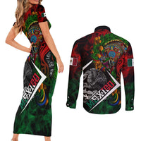 Mexico Quetzalcoatl Aztec Calendar Couples Matching Short Sleeve Bodycon Dress and Long Sleeve Button Shirt Tribal Warrior Art with Eagle and Serpent