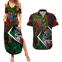 Mexico Quetzalcoatl Aztec Calendar Couples Matching Summer Maxi Dress and Hawaiian Shirt Tribal Warrior Art with Eagle and Serpent