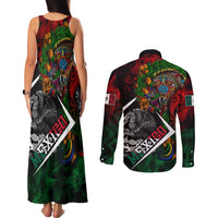 Mexico Quetzalcoatl Aztec Calendar Couples Matching Tank Maxi Dress and Long Sleeve Button Shirt Tribal Warrior Art with Eagle and Serpent