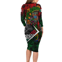 Mexico Quetzalcoatl Aztec Calendar Family Matching Long Sleeve Bodycon Dress and Hawaiian Shirt Tribal Warrior Art with Eagle and Serpent