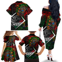 Mexico Quetzalcoatl Aztec Calendar Family Matching Off The Shoulder Long Sleeve Dress and Hawaiian Shirt Tribal Warrior Art with Eagle and Serpent