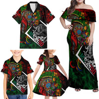 Mexico Quetzalcoatl Aztec Calendar Family Matching Off Shoulder Maxi Dress and Hawaiian Shirt Tribal Warrior Art with Eagle and Serpent