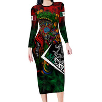 Mexico Quetzalcoatl Aztec Calendar Long Sleeve Bodycon Dress Tribal Warrior Art with Eagle and Serpent