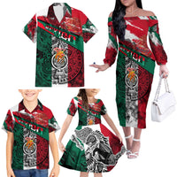 My Home My Blood Mexico Family Matching Off The Shoulder Long Sleeve Dress and Hawaiian Shirt Mexican Map Aztec
