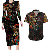 Mexico Sugar Skull Couples Matching Long Sleeve Bodycon Dress and Hawaiian Shirt Tattoo Art Mexican Flag