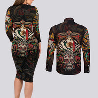 Mexico Sugar Skull Couples Matching Long Sleeve Bodycon Dress and Long Sleeve Button Shirt Tattoo Art Mexican Flag