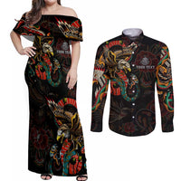 Mexico Sugar Skull Couples Matching Off Shoulder Maxi Dress and Long Sleeve Button Shirt Tattoo Art Mexican Flag