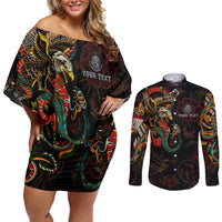 Mexico Sugar Skull Couples Matching Off Shoulder Short Dress and Long Sleeve Button Shirt Tattoo Art Mexican Flag