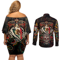 Mexico Sugar Skull Couples Matching Off Shoulder Short Dress and Long Sleeve Button Shirt Tattoo Art Mexican Flag