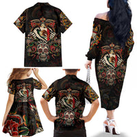 Mexico Sugar Skull Family Matching Off The Shoulder Long Sleeve Dress and Hawaiian Shirt Tattoo Art Mexican Flag