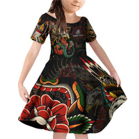 Mexico Sugar Skull Family Matching Off Shoulder Short Dress and Hawaiian Shirt Tattoo Art Mexican Flag