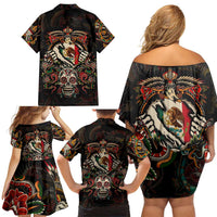 Mexico Sugar Skull Family Matching Off Shoulder Short Dress and Hawaiian Shirt Tattoo Art Mexican Flag