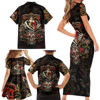 Mexico Sugar Skull Family Matching Short Sleeve Bodycon Dress and Hawaiian Shirt Tattoo Art Mexican Flag