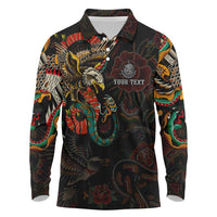 Mexico Sugar Skull Long Sleeve Polo Shirt Tattoo Art Mexican Flag