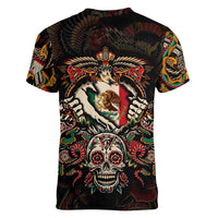 Mexico Sugar Skull Women V-Neck T-Shirt Tattoo Art Mexican Flag