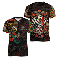 Mexico Sugar Skull Women V-Neck T-Shirt Tattoo Art Mexican Flag