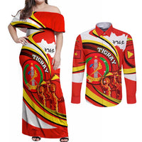 Ethiopia Tigray Revolution Couples Matching Off Shoulder Maxi Dress and Long Sleeve Button Shirt Emblem Freedom Fighters and Flag