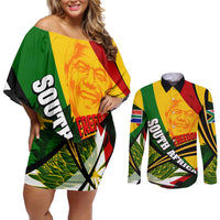 South Africa Freedom Day Couples Matching Off Shoulder Short Dress and Long Sleeve Button Shirt Mandela Legacy National Pride Protea Flower