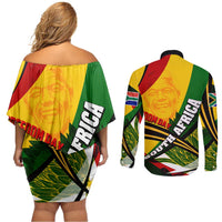 South Africa Freedom Day Couples Matching Off Shoulder Short Dress and Long Sleeve Button Shirt Mandela Legacy National Pride Protea Flower