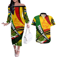 South Africa Freedom Day Couples Matching Off The Shoulder Long Sleeve Dress and Hawaiian Shirt Mandela Legacy National Pride Protea Flower