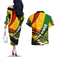 South Africa Freedom Day Couples Matching Off The Shoulder Long Sleeve Dress and Hawaiian Shirt Mandela Legacy National Pride Protea Flower