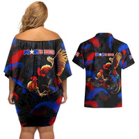 Puerto Rican Rooster Couples Matching Off Shoulder Short Dress and Hawaiian Shirt Puerto Rico Pride and Power Spirit