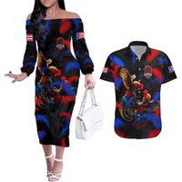 Puerto Rican Rooster Couples Matching Off The Shoulder Long Sleeve Dress and Hawaiian Shirt Puerto Rico Pride and Power Spirit