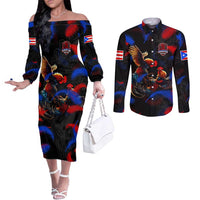 Puerto Rican Rooster Couples Matching Off The Shoulder Long Sleeve Dress and Long Sleeve Button Shirt Puerto Rico Pride and Power Spirit