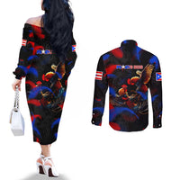 Puerto Rican Rooster Couples Matching Off The Shoulder Long Sleeve Dress and Long Sleeve Button Shirt Puerto Rico Pride and Power Spirit