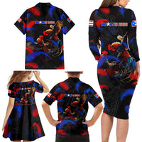 Puerto Rican Rooster Family Matching Long Sleeve Bodycon Dress and Hawaiian Shirt Puerto Rico Pride and Power Spirit