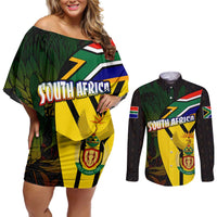 South Africa Coat Of Arms Couples Matching Off Shoulder Short Dress and Long Sleeve Button Shirt Protea Unity Heritage