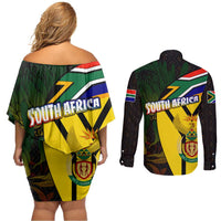 South Africa Coat Of Arms Couples Matching Off Shoulder Short Dress and Long Sleeve Button Shirt Protea Unity Heritage