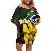 South Africa Coat Of Arms Family Matching Off Shoulder Short Dress and Hawaiian Shirt Protea Unity Heritage
