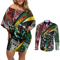 South Africa Never Give Up Couples Matching Off Shoulder Short Dress and Long Sleeve Button Shirt SA Fist of Freedom